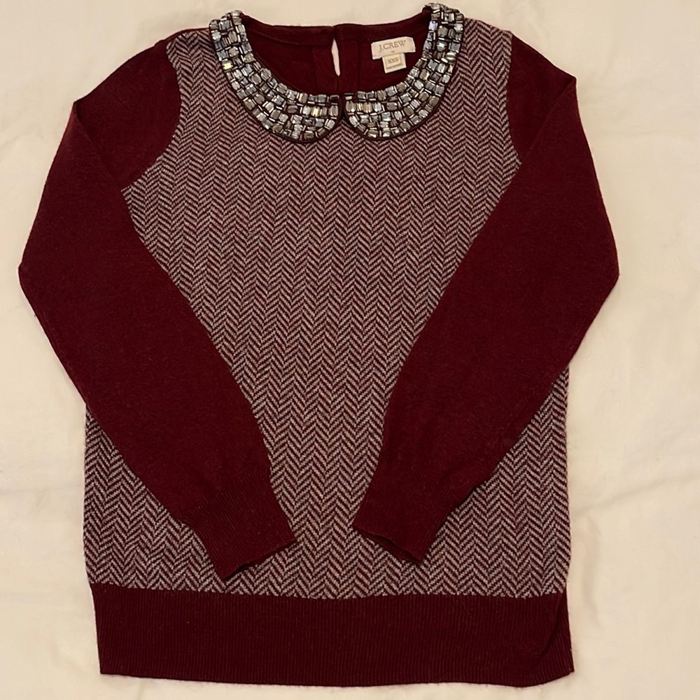 Jcrew Jewerled collar Peter pan herringbone burgundy sweater XXS